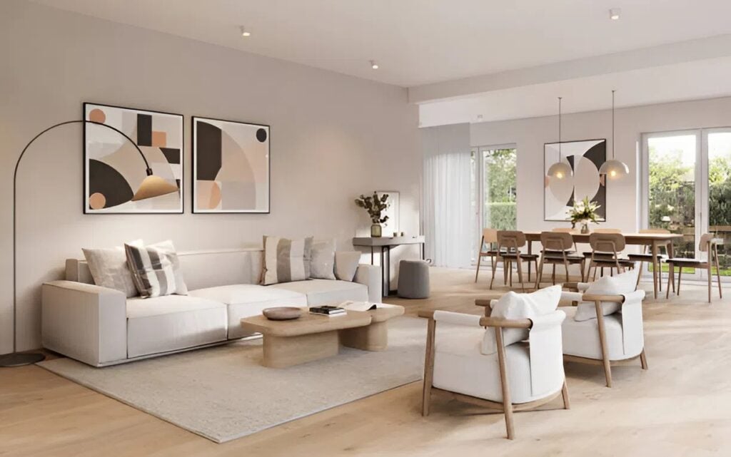 Bright living area with soft beige and warm white painted walls by a painter in the San Francisco Bay Area