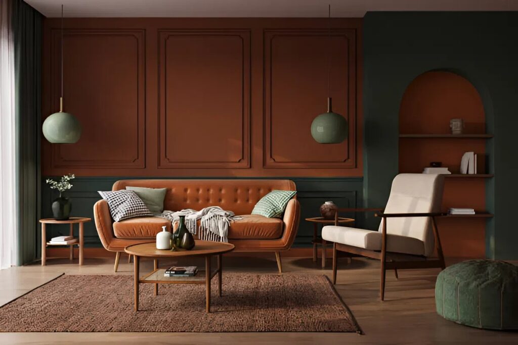 Living room with terracotta and deep green painted walls by a painter in the San Francisco Bay Area