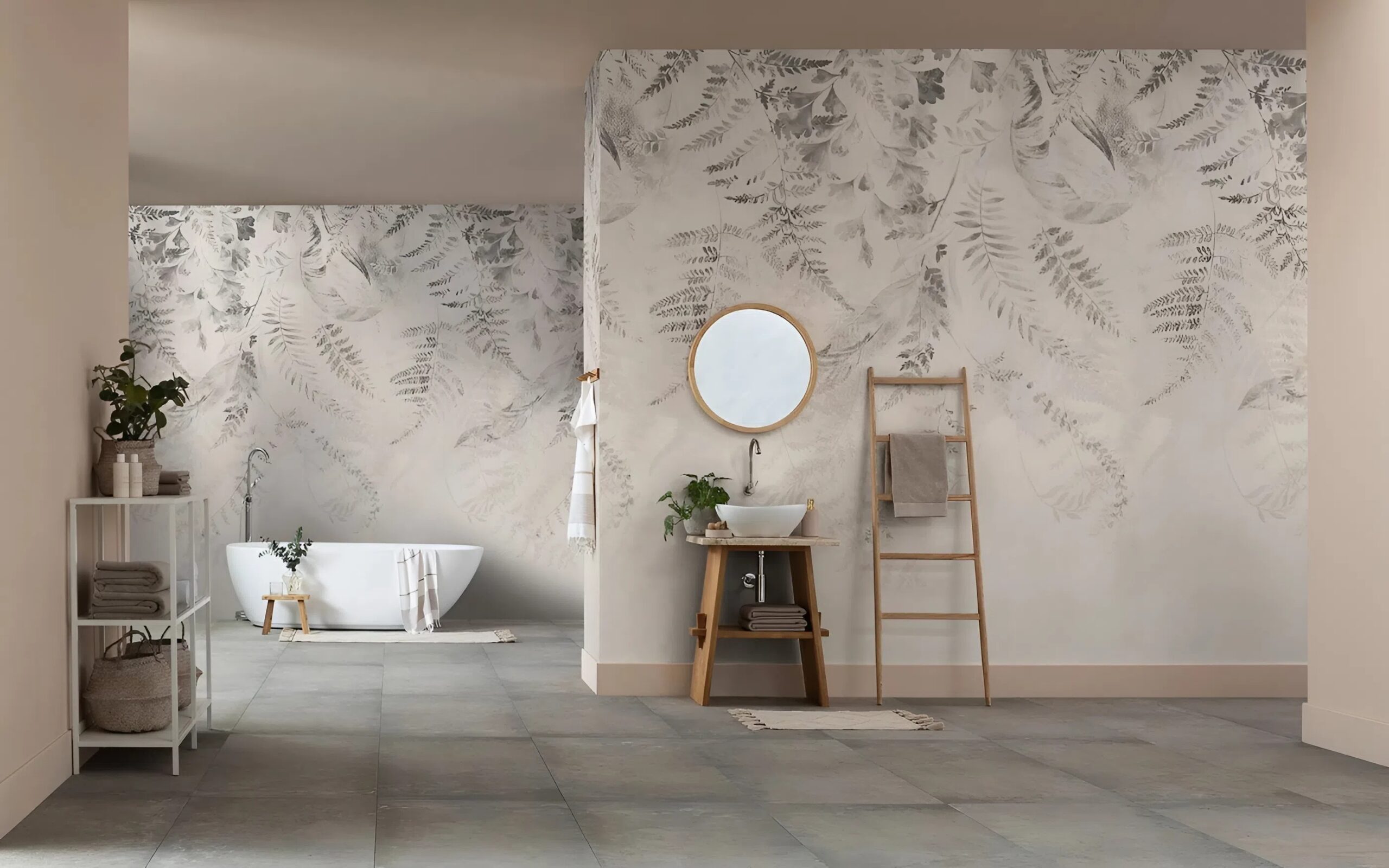 Botanical wallpaper installation in a modern bathroom completed by an interior painter in Foster City, CA
