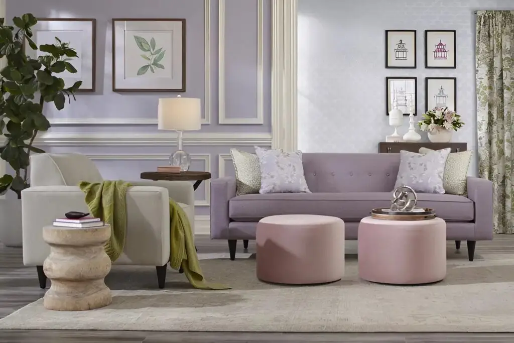 Elegant pastel living room with lavender walls and soft trims completed by a residential painter in Hillsborough, CA