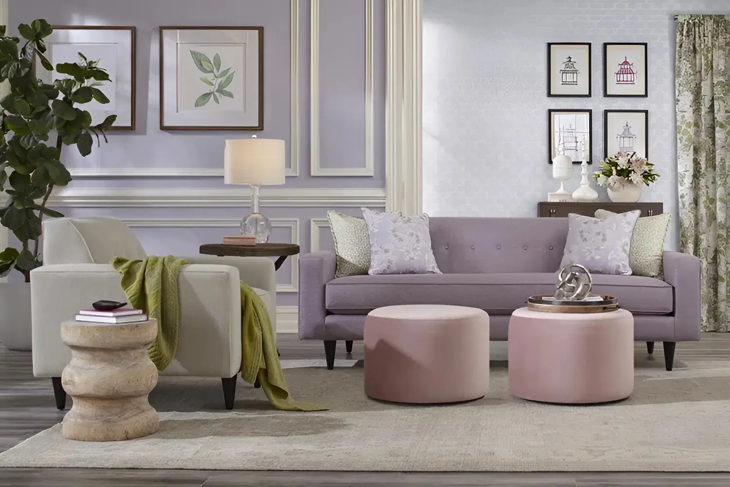 Elegant pastel living room with lavender walls and soft trims completed by a residential painter in Hillsborough, CA