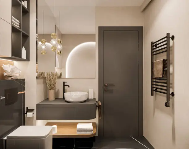 Modern bathroom with painted beige walls, charcoal cabinetry, and crisp finishes by a house painter in San Carlos, CA.