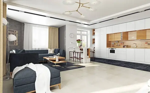 Open-concept living room with light gray walls, white ceiling and trim by a house painter in Palo Alto, CA.