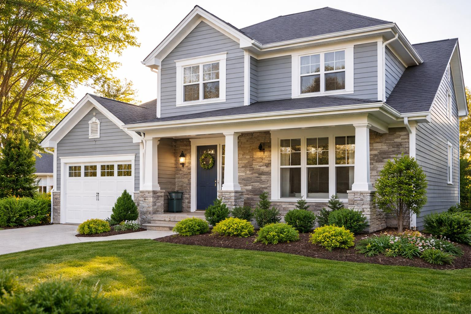 Gray exterior siding with crisp white trim and stone accents by an exterior painter in Hillsborough, CA.