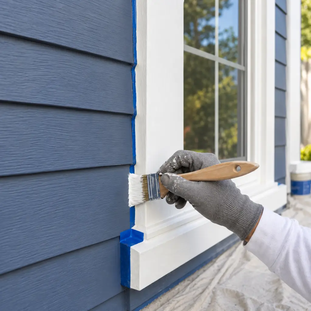 Painter applying white trim paint beside blue-gray siding on a home, highlighting precise finishes by an exterior painter in Hillsborough, CA.